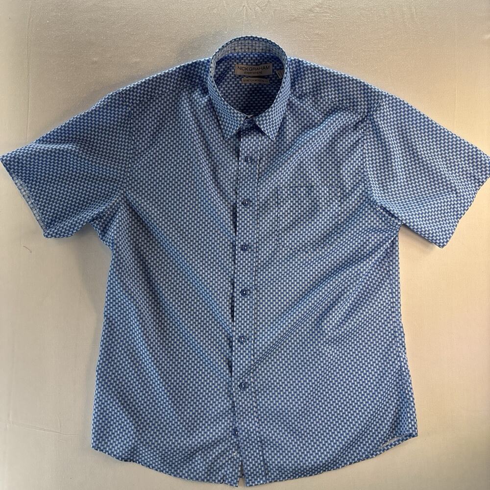 Nick Graham Stretch Modern Fit Mens L Short Sleeve Button Up Shirt Geometric Blu